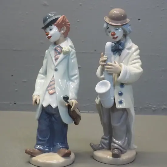 2 Lladro clown musician figurines - trumpet and violin player H-230