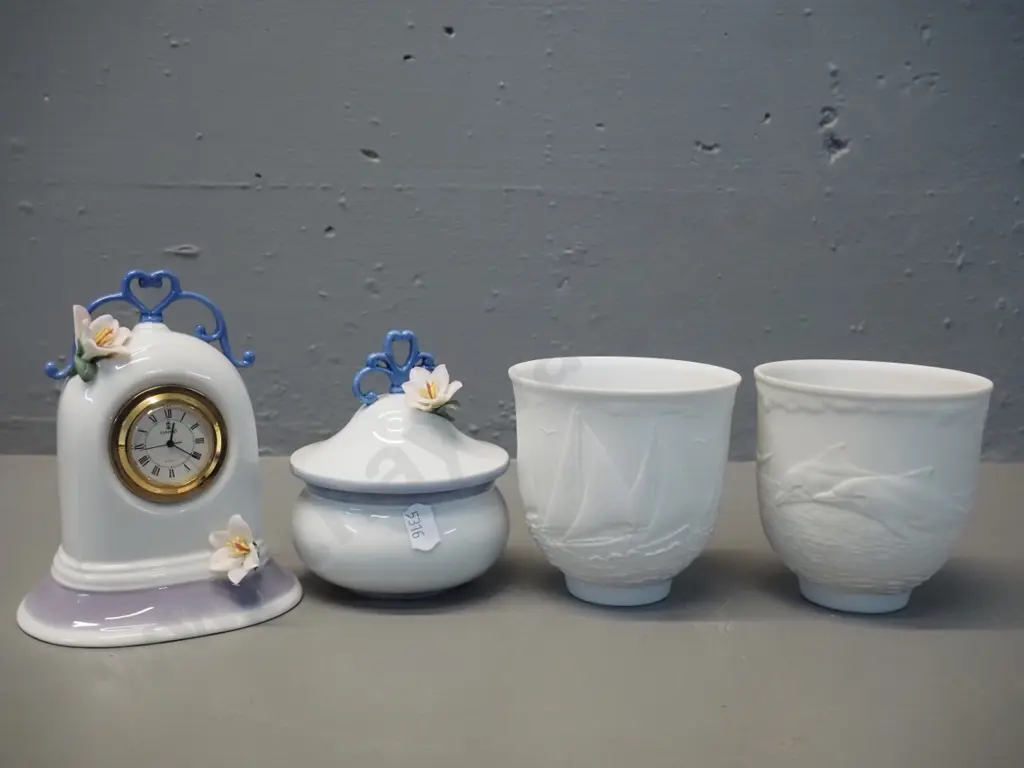 4 Lladro china items - clock H-140, trinket pot and 2 matte ocean theme pots Image 1++