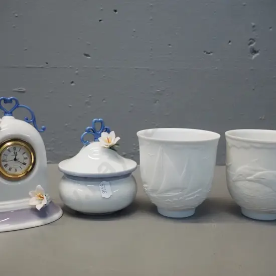 4 Lladro china items - clock H-140, trinket pot and 2 matte ocean theme pots