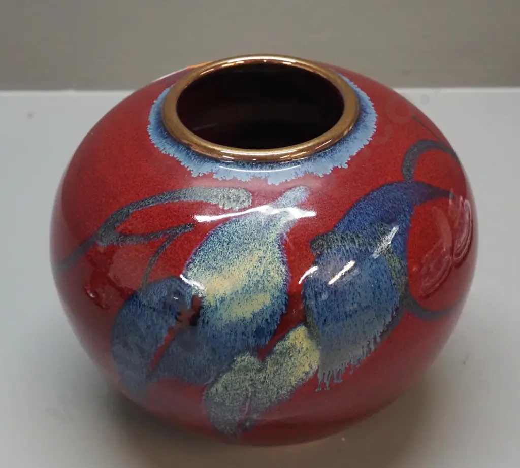 studio pottery vase with dark red and blue pattern and gilt rim - unknown mark H-160 D-175 Image 1++