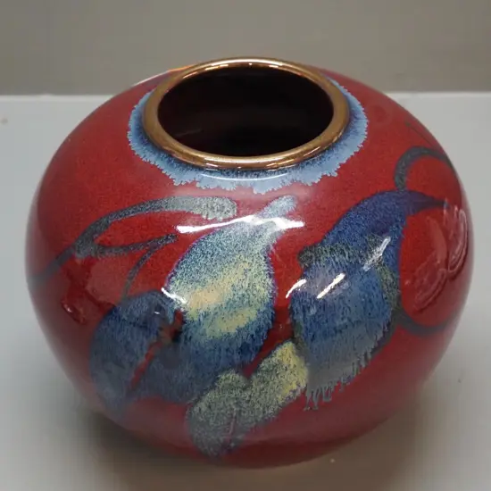 studio pottery vase with dark red and blue pattern and gilt rim - unknown mark H-160 D-175