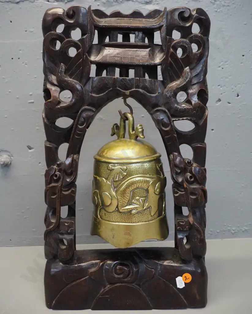 asian dragon motif brass bell in carved wood stand with metal inlay decoration - some damage. Stand is H-440 W-240 D-70 Image 1++