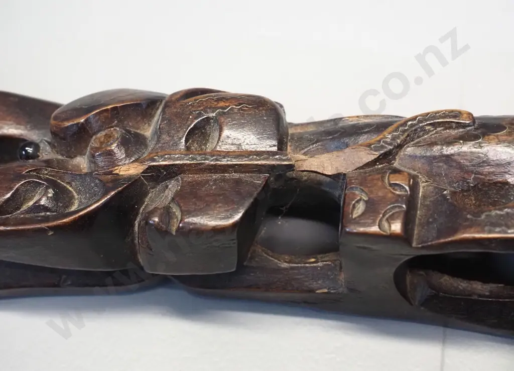 asian dragon motif brass bell in carved wood stand with metal inlay decoration - some damage. Stand is H-440 W-240 D-70 Image 1++