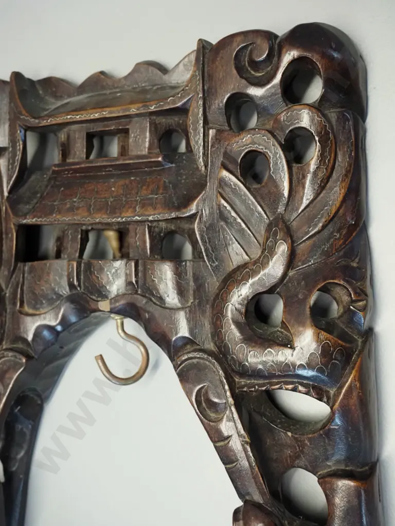 asian dragon motif brass bell in carved wood stand with metal inlay decoration - some damage. Stand is H-440 W-240 D-70 Image 1++