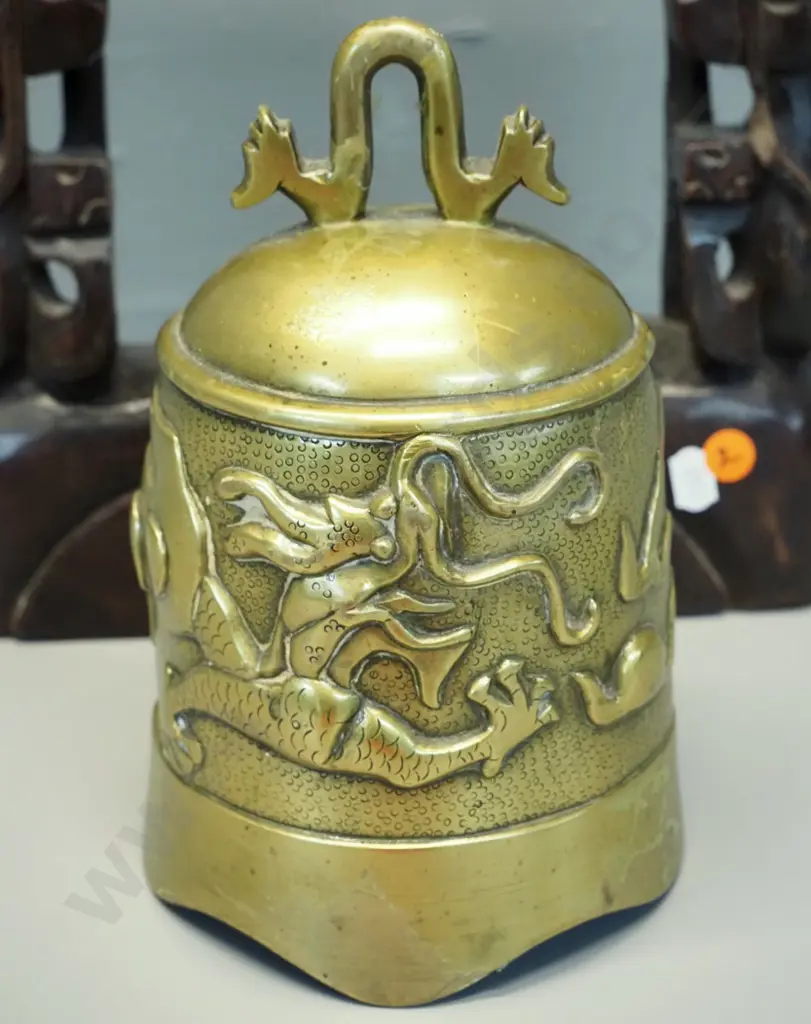 asian dragon motif brass bell in carved wood stand with metal inlay decoration - some damage. Stand is H-440 W-240 D-70 Image 1++