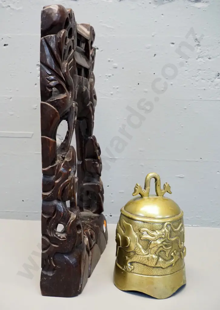 asian dragon motif brass bell in carved wood stand with metal inlay decoration - some damage. Stand is H-440 W-240 D-70 Image 1++