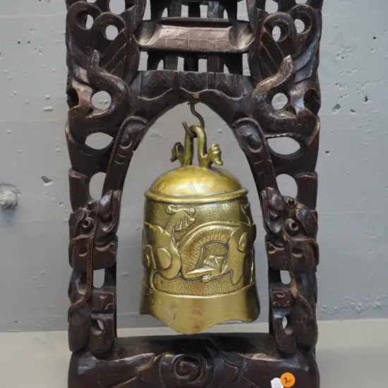 asian dragon motif brass bell in carved wood stand with metal inlay decoration - some damage. Stand is H-440 W-240 D-70