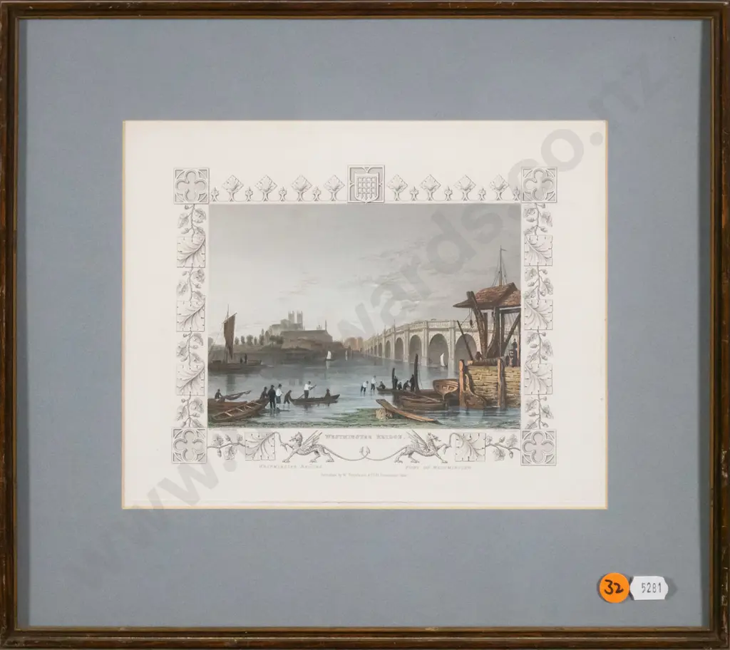 framed hand coloured engraving - Westminster Bridge H-170 W-220 Image 1++