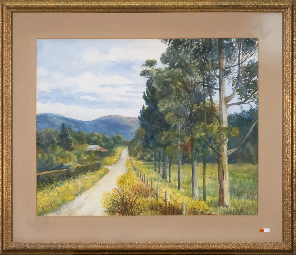Elizabeth McCrorie - framed watercolour - country road scene H-490 W-620 Image 1++
