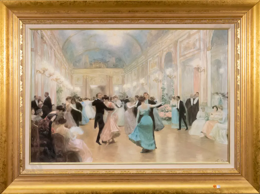 gilt framed varnished print - ballroom scene H-480 W-720 Image 1++