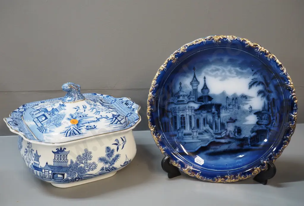 Burleigh Blue Willow lidded tureen and a cobalt and gold asian theme plate D270, no maker's mark Image 1++