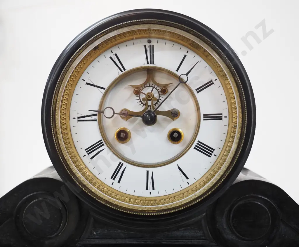 heavy black marble cased mantel clock w/ enamel and brass face, pendulum and key  - going H300 W500 D150 Image 1++