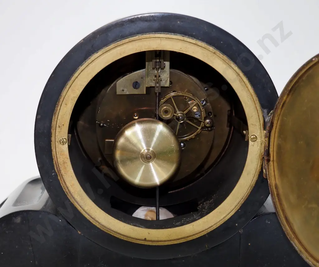 heavy black marble cased mantel clock w/ enamel and brass face, pendulum and key  - going H300 W500 D150 Image 1++