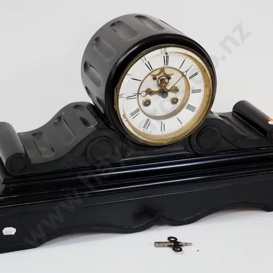 heavy black marble cased mantel clock w/ enamel and brass face, pendulum and key  - going H300 W500 D150