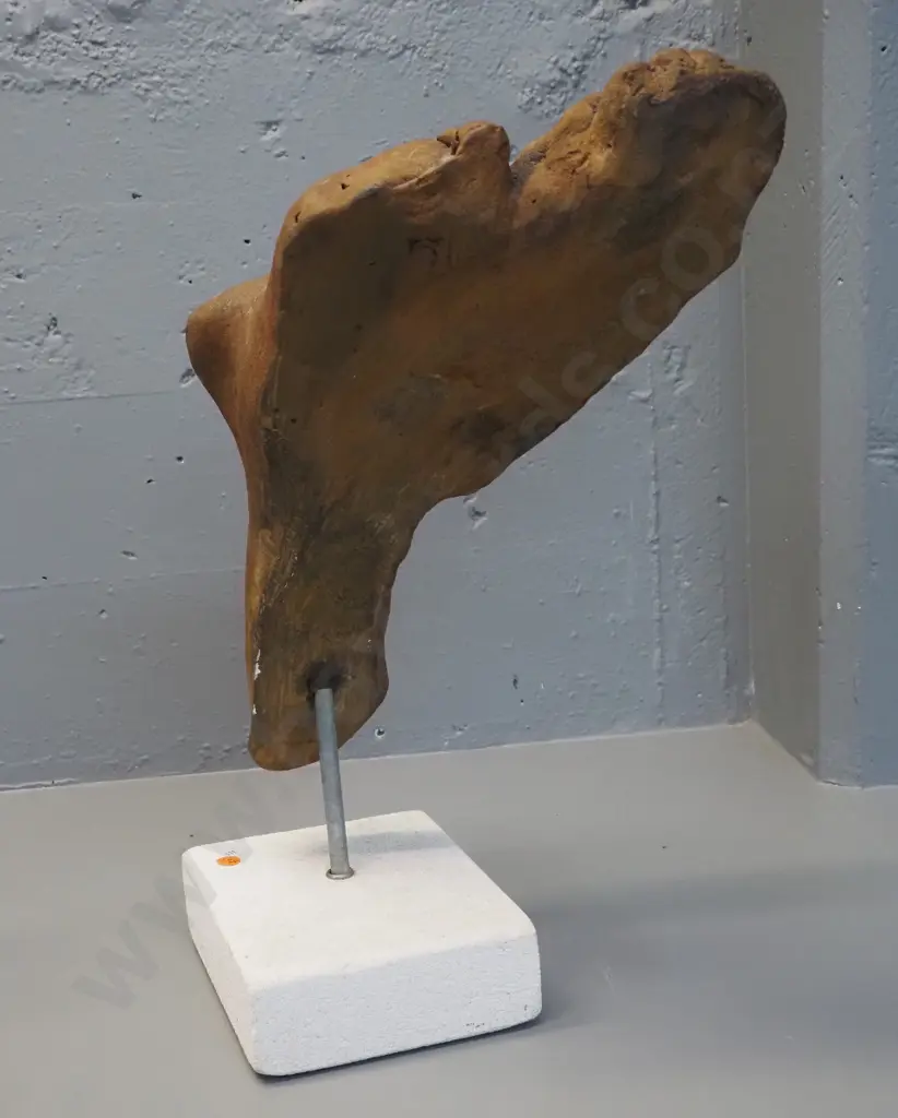 composite foot sculpture with faux oxidised metal finish on white stone base - finish has had some touch-ups H-470 Image 1++