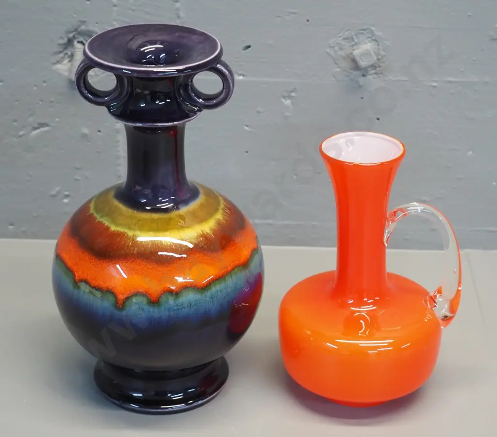 Hutschenreuther retro multi-colour handled vase w/Dawsons sticker H280 and an orange glass white lined jug vase Image 1++
