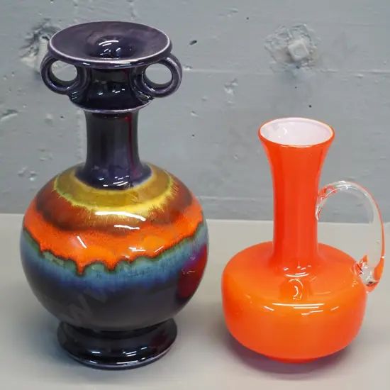 Hutschenreuther retro multi-colour handled vase w/Dawsons sticker H280 and an orange glass white lined jug vase