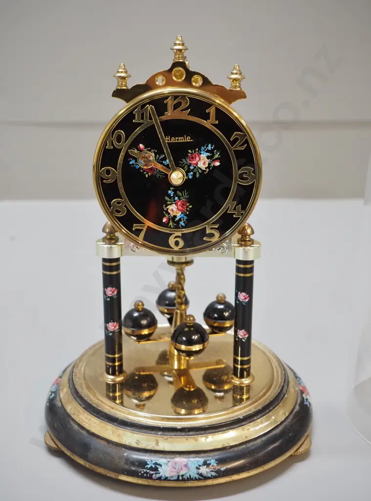 Hermle anniversary clock - brass & enamel w/ plastic dome, some discolouration to metal, working condition unknown Image 1++