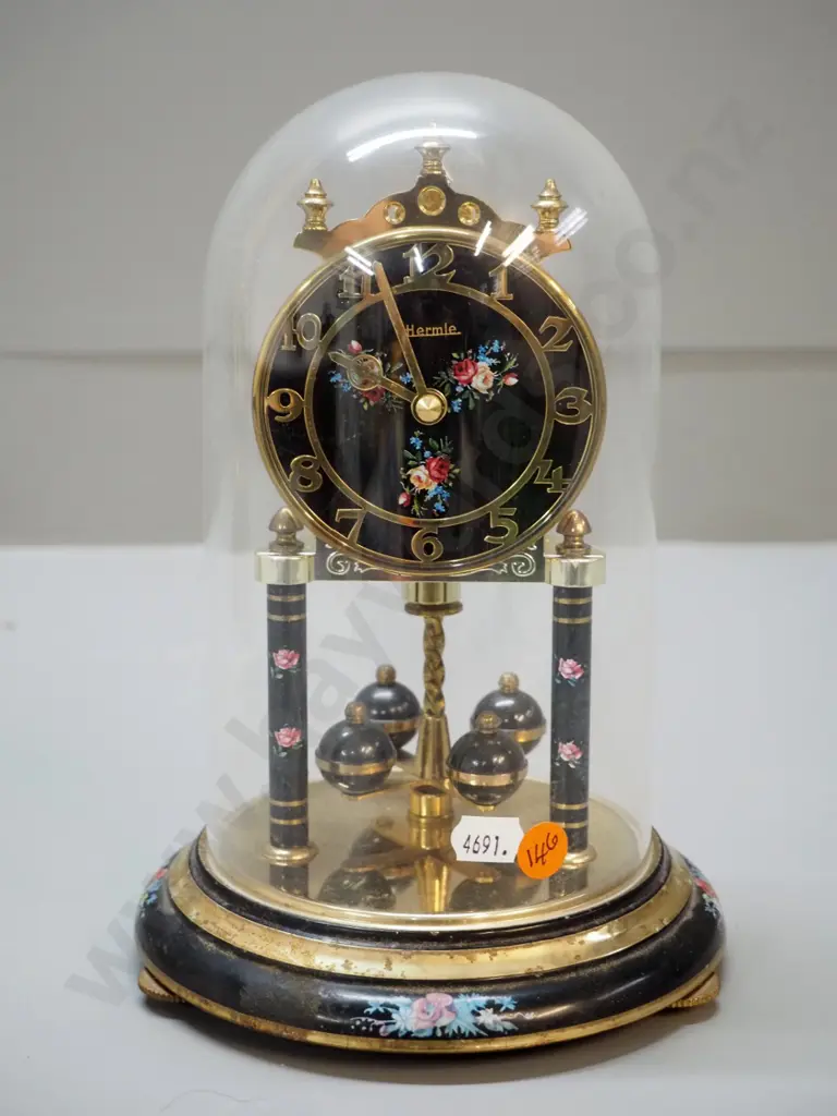 Hermle anniversary clock - brass & enamel w/ plastic dome, some discolouration to metal, working condition unknown Image 1++