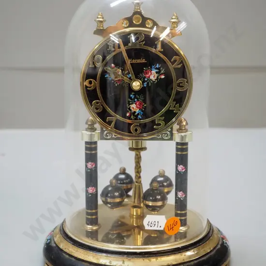 Hermle anniversary clock - brass & enamel w/ plastic dome, some discolouration to metal, working condition unknown