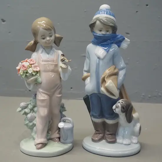 2 Lladro figurines - girl with bird and boy with dog H-210