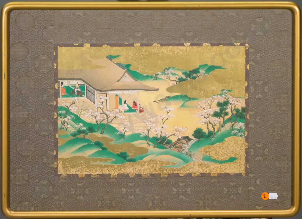 framed Japanese watercolour - house and garden scene H-230 W-330 Image 1++