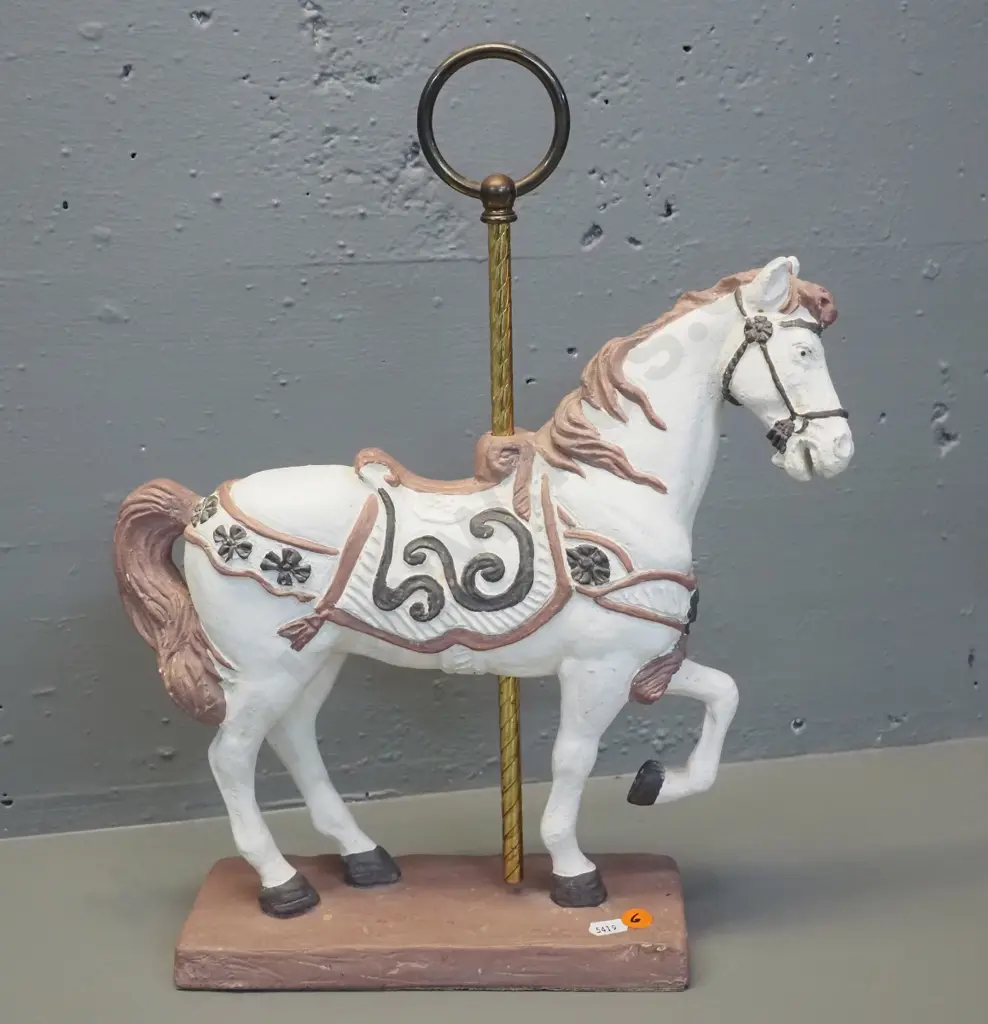 ornamental composite or plaster & metal carousel horse figure - 1983 maker stamp, Made in Canada label - H410 W330 Image 1++