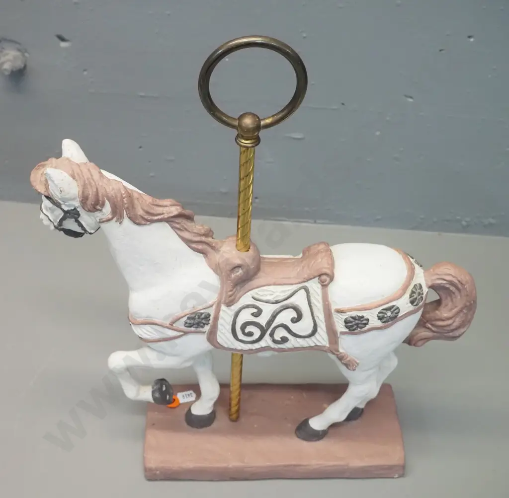 ornamental composite or plaster & metal carousel horse figure - 1983 maker stamp, Made in Canada label - H410 W330 Image 1++