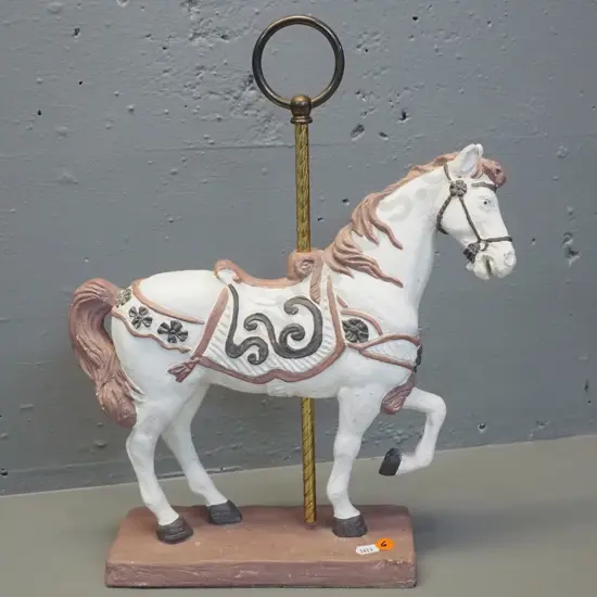 ornamental composite or plaster & metal carousel horse figure - 1983 maker stamp, Made in Canada label - H410 W330