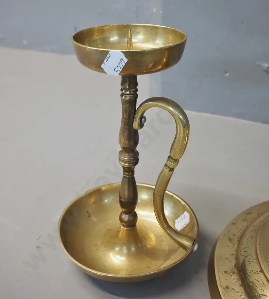 brass gong on stand with wooden beater H620 W-365 and a brass candlestick H-180 Image 1++