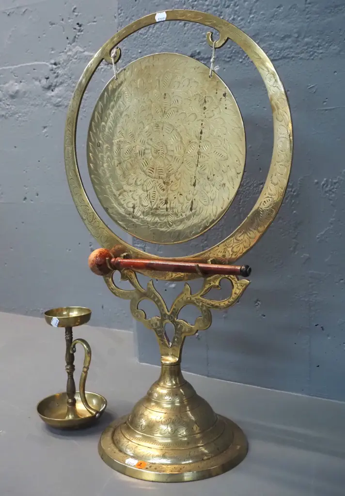 brass gong on stand with wooden beater H620 W-365 and a brass candlestick H-180 Image 1++