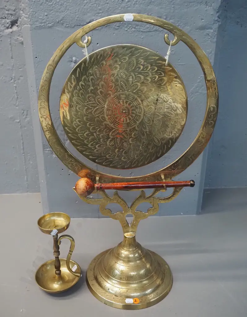 brass gong on stand with wooden beater H620 W-365 and a brass candlestick H-180 Image 1++