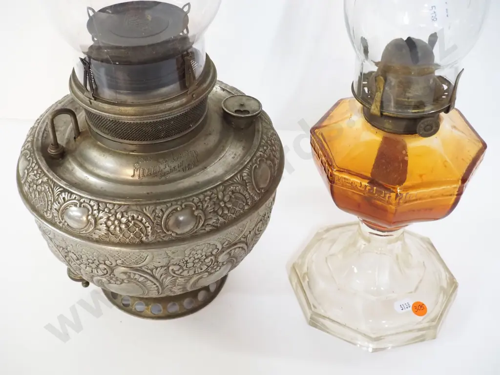 2 vintage kerosene lamps - larger Miller USA pressed metal patterned base H-540 w/cracked chimney Image 1++