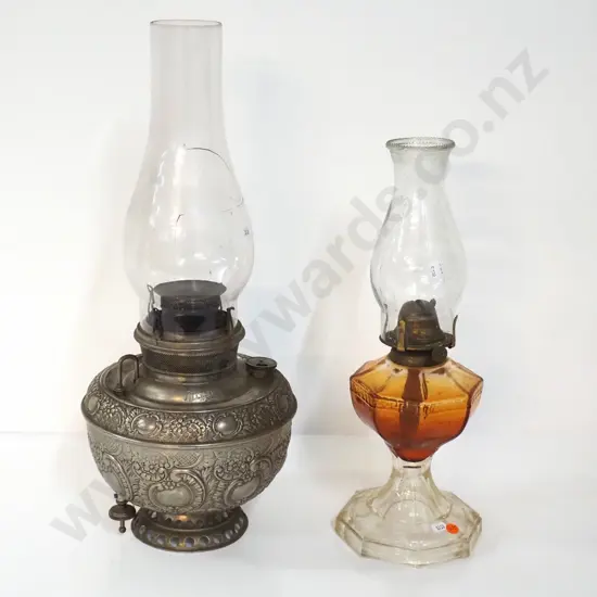 2 vintage kerosene lamps - larger Miller USA pressed metal patterned base H-540 w/cracked chimney