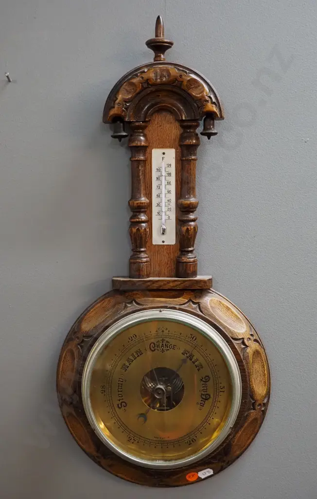 English wood-cased wall barometer-thermometer with brass face H-530 W-240 Image 1++