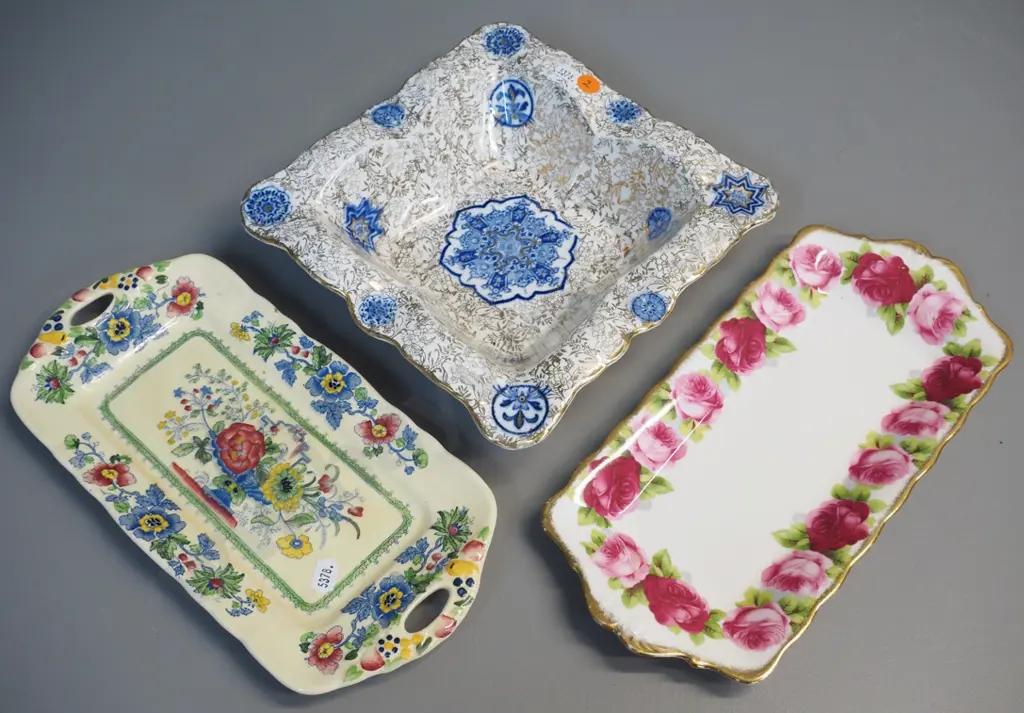 Masons Strathmore & Royal Albert Old English Rose sandwich plates and a James Kent Osaka blue and gold bowl Image 1++
