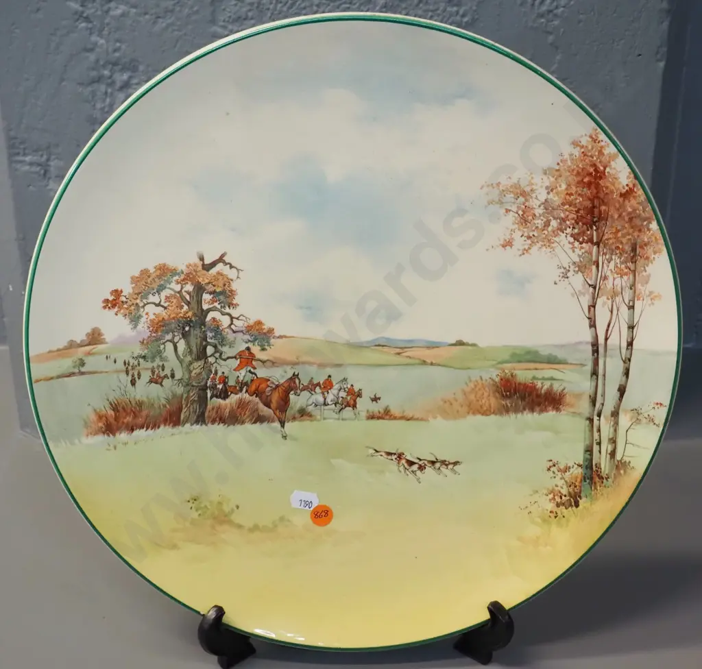 Royal Doulton Hunting Scenes large wall charger - fleck to glaze on green stripe on front, crazing D-390 Image 1++