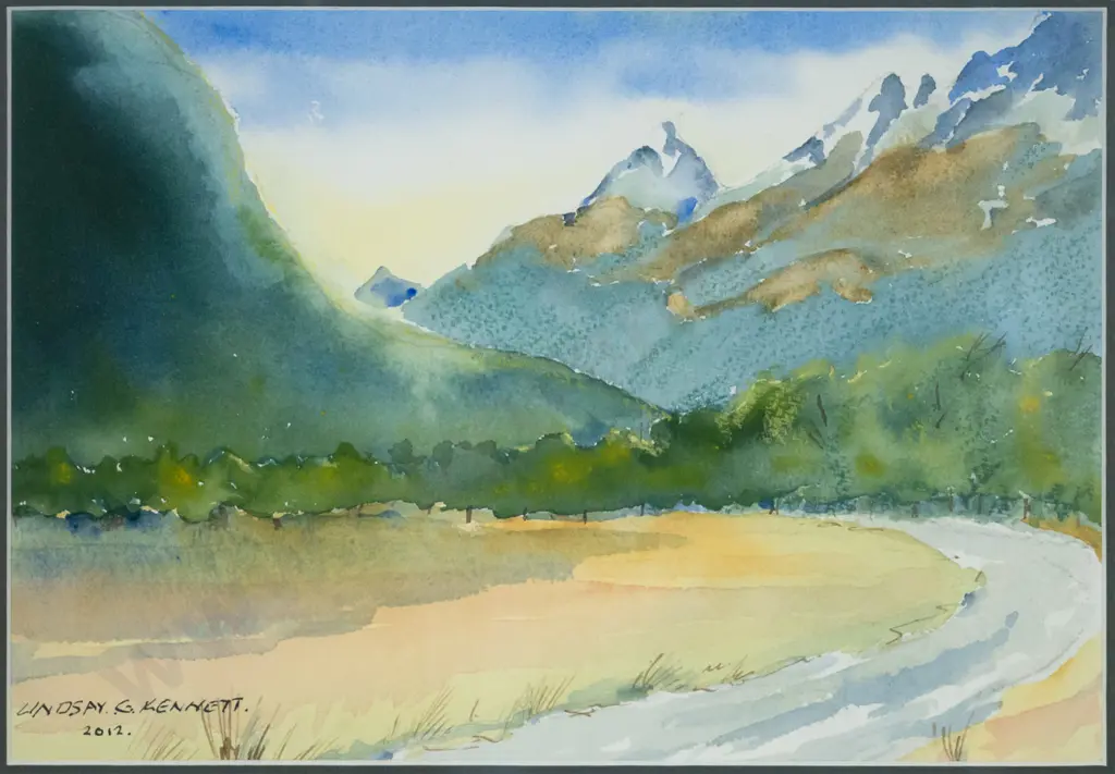 Lindsay G Kennett 2012 - framed watercolour "Chinaman's Bluff, Dart Valley" H-190 W-260 Image 1++