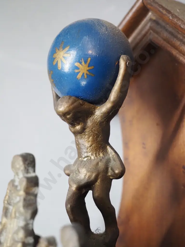 reproduction pendulum wall clock - cast metal decoration & figure of Atlas with globe, 2 brass weights  - going Image 1++
