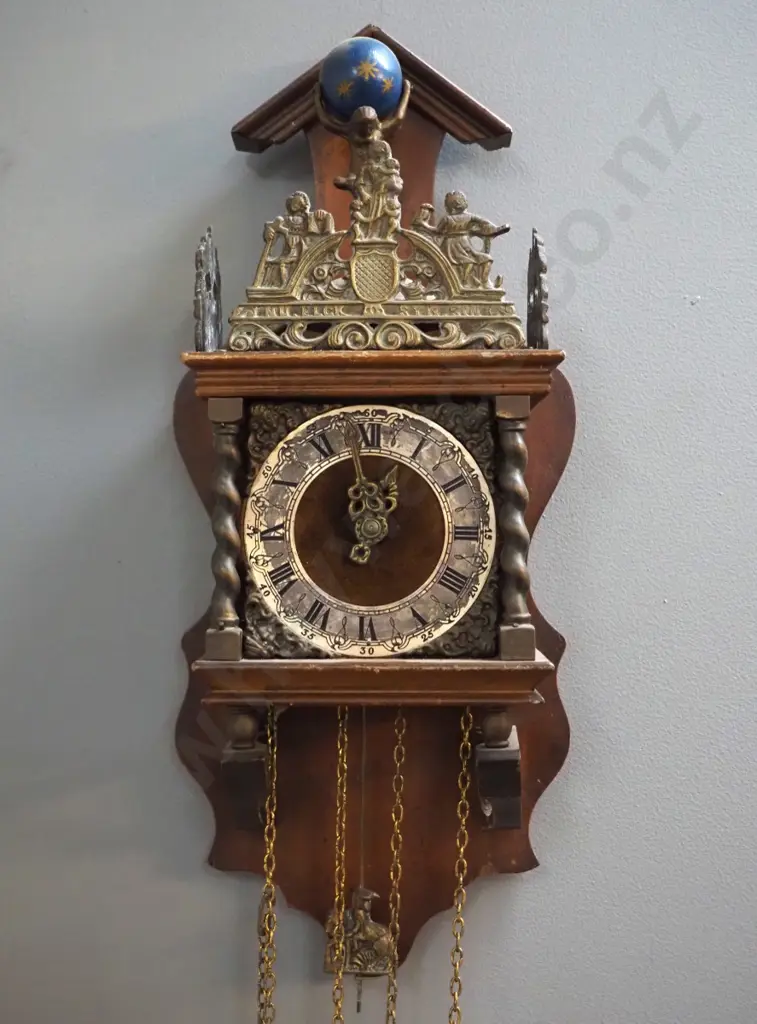 reproduction pendulum wall clock - cast metal decoration & figure of Atlas with globe, 2 brass weights  - going Image 1++