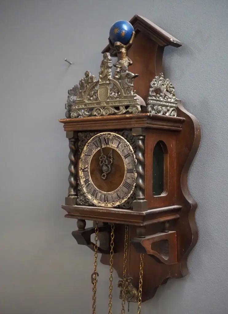 reproduction pendulum wall clock - cast metal decoration & figure of Atlas with globe, 2 brass weights  - going Image 1++