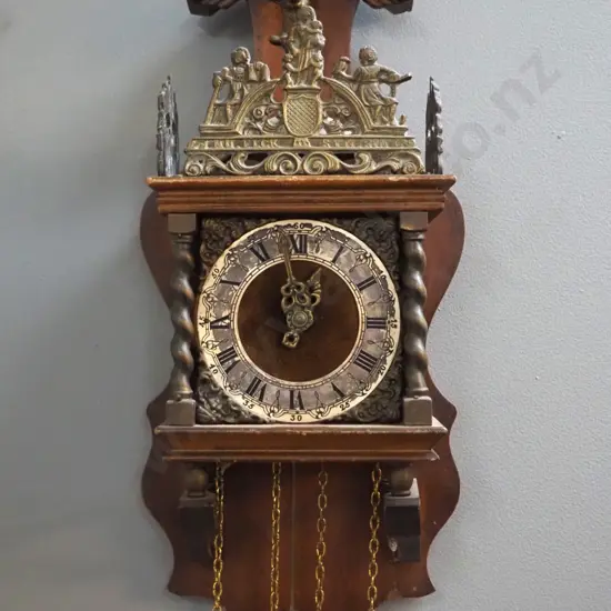 reproduction pendulum wall clock - cast metal decoration & figure of Atlas with globe, 2 brass weights  - going