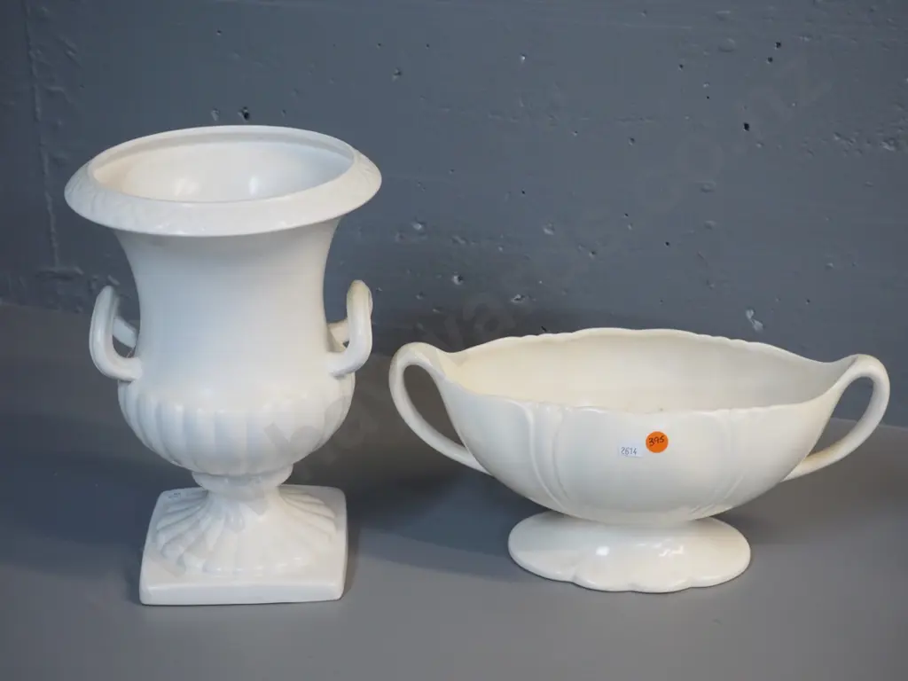 2 white English pottery vases - Shorter handled urn H-300 and Beswick Image 1++