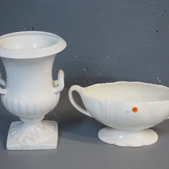 2 white English pottery vases - Shorter handled urn H-300 and Beswick
