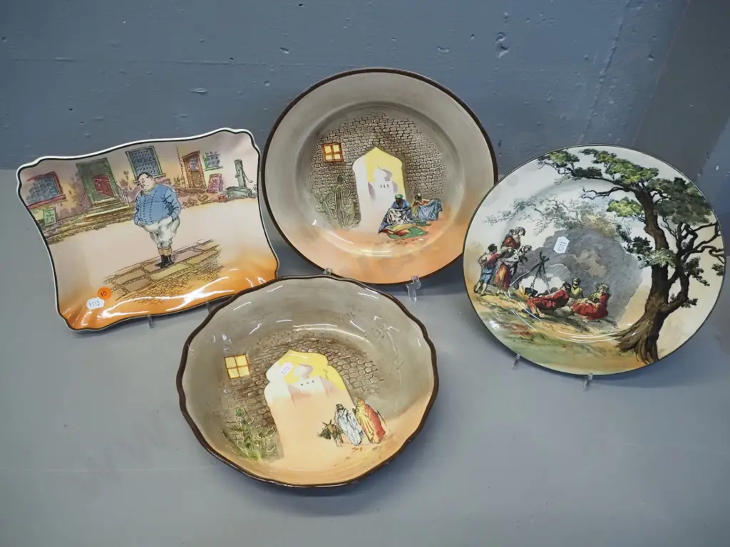 4 pieces of Royal Doulton china - 2 Moorish Gateway, Gypsies plate and Dicken's Fat Boy character plate Image 1++