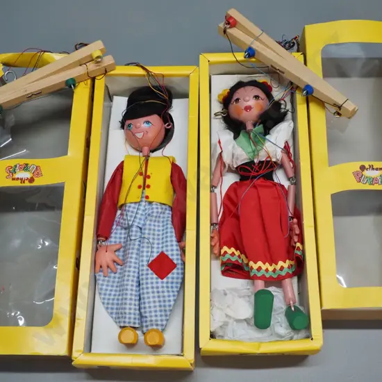 2 vintage Pelham wooden marionette puppets in original boxes - Dutch Boy and Gypsy Girl - approx. H-340