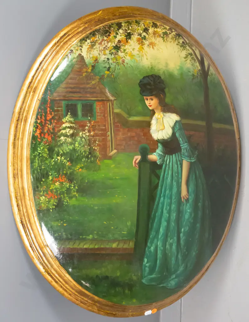 gilt framed print on convex board - woman in garden H-680 W-580 Image 1++
