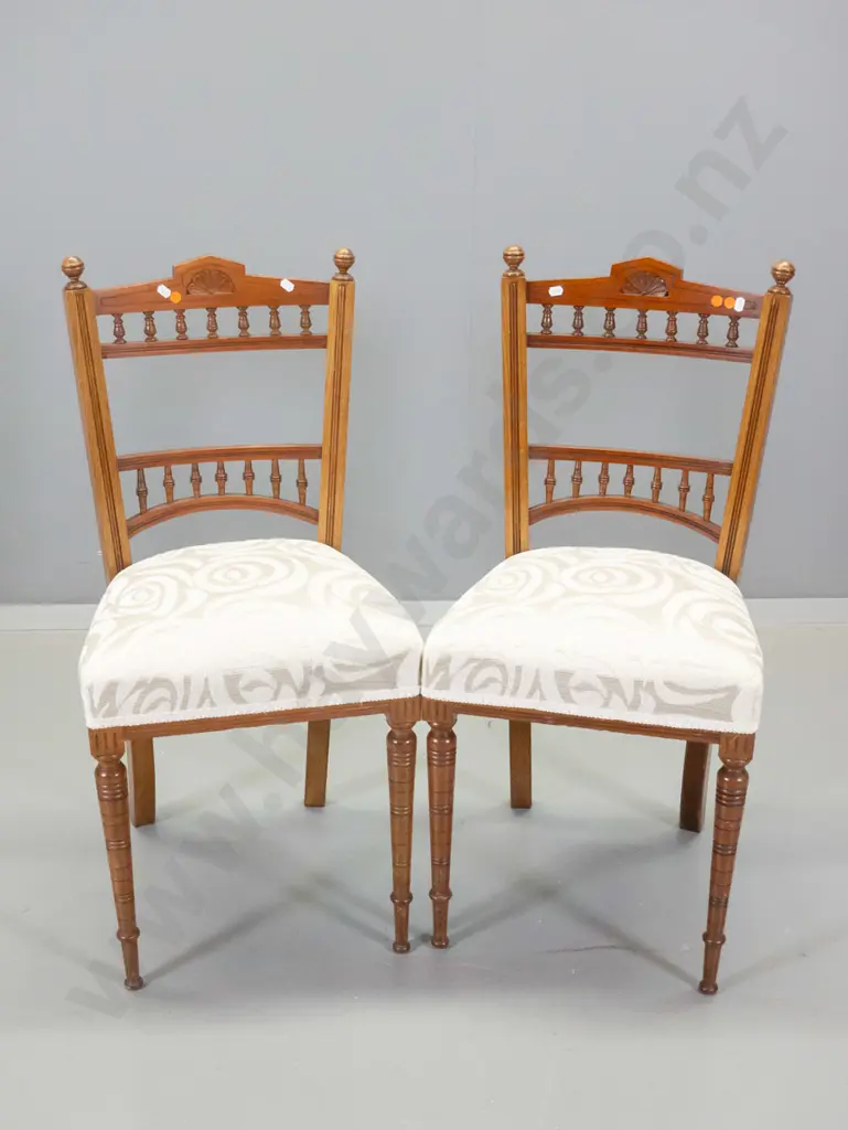 pair of Edwardian mixed timber dining chairs with carved spindle backs, patterned brocade seats H840 W400 D380 Image 1++