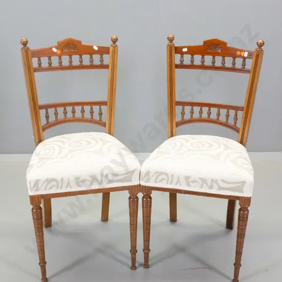 pair of Edwardian mixed timber dining chairs with carved spindle backs, patterned brocade seats H840 W400 D380