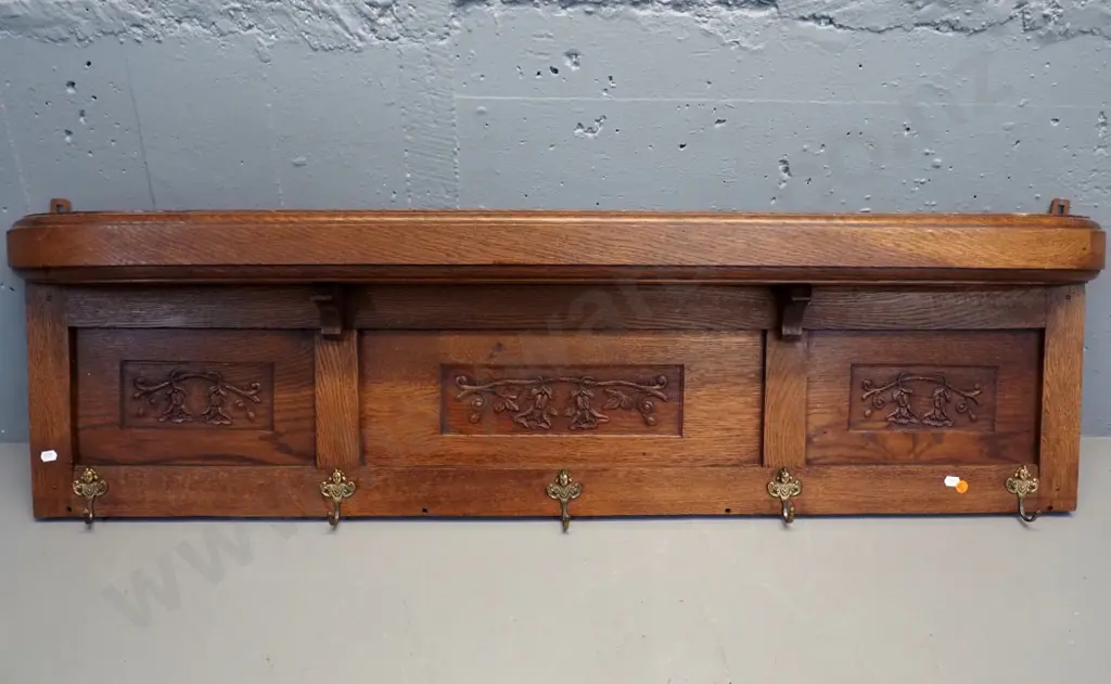 vintage French carved oak wall mount coat rack with 5 figural brass hooks - some movement in joints H330 W1240 D110 Image 1++